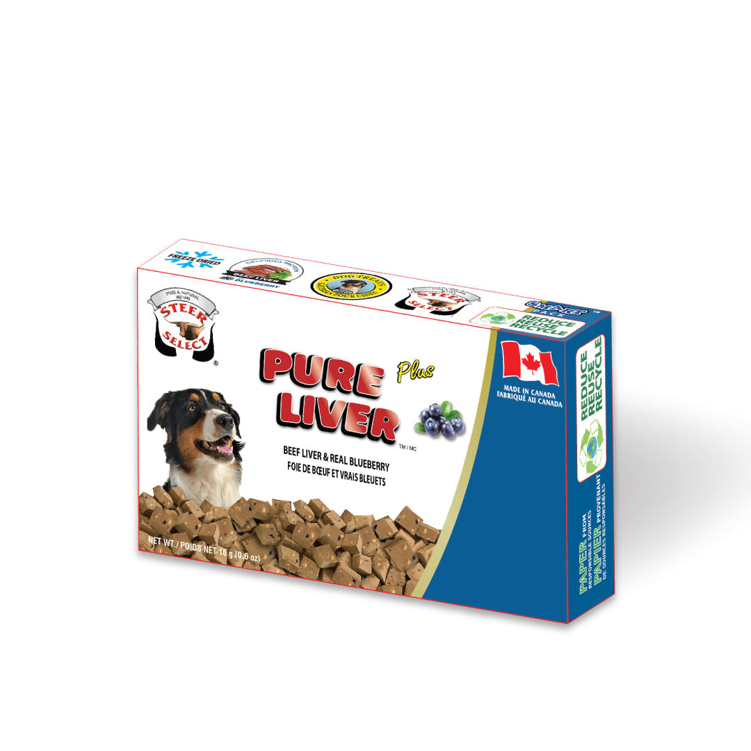 blue and white box of dog treats with an image of a real dog and blueberries