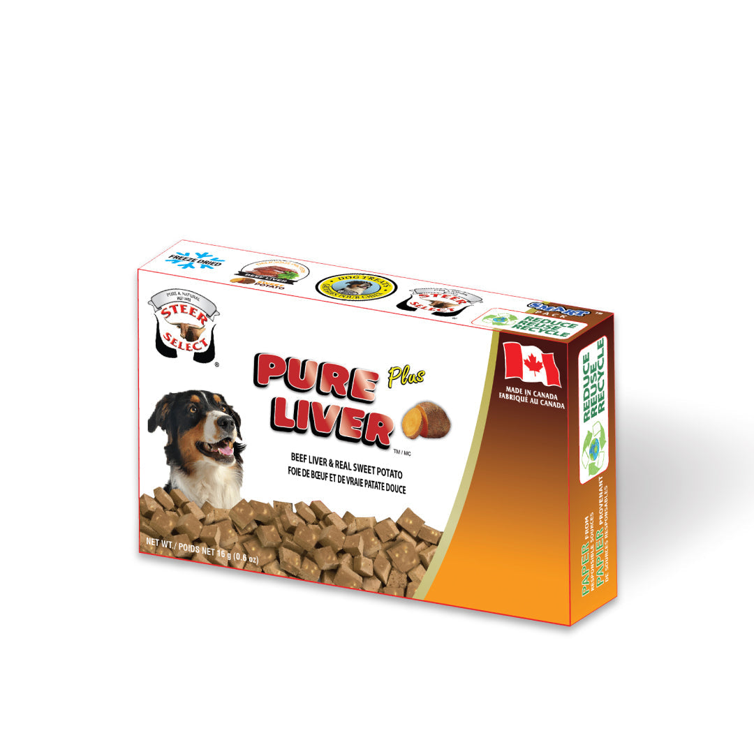 orange, brown and white box of dog treats with real images of a dog and a sweet potato