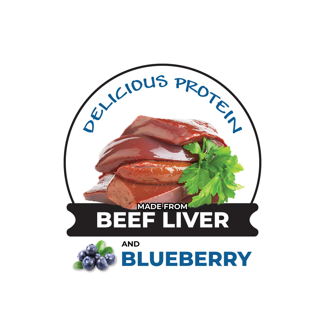 logo with images of real beef liver and blueberry