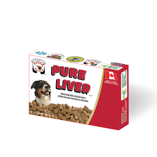 red and white box of pure liver treats and an image of a dog