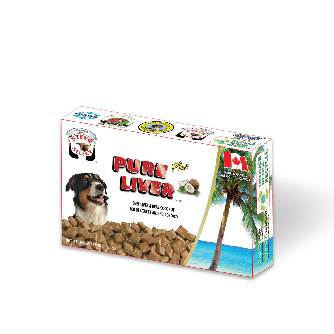 white box of dog treats with the images of coconut tree and a dog