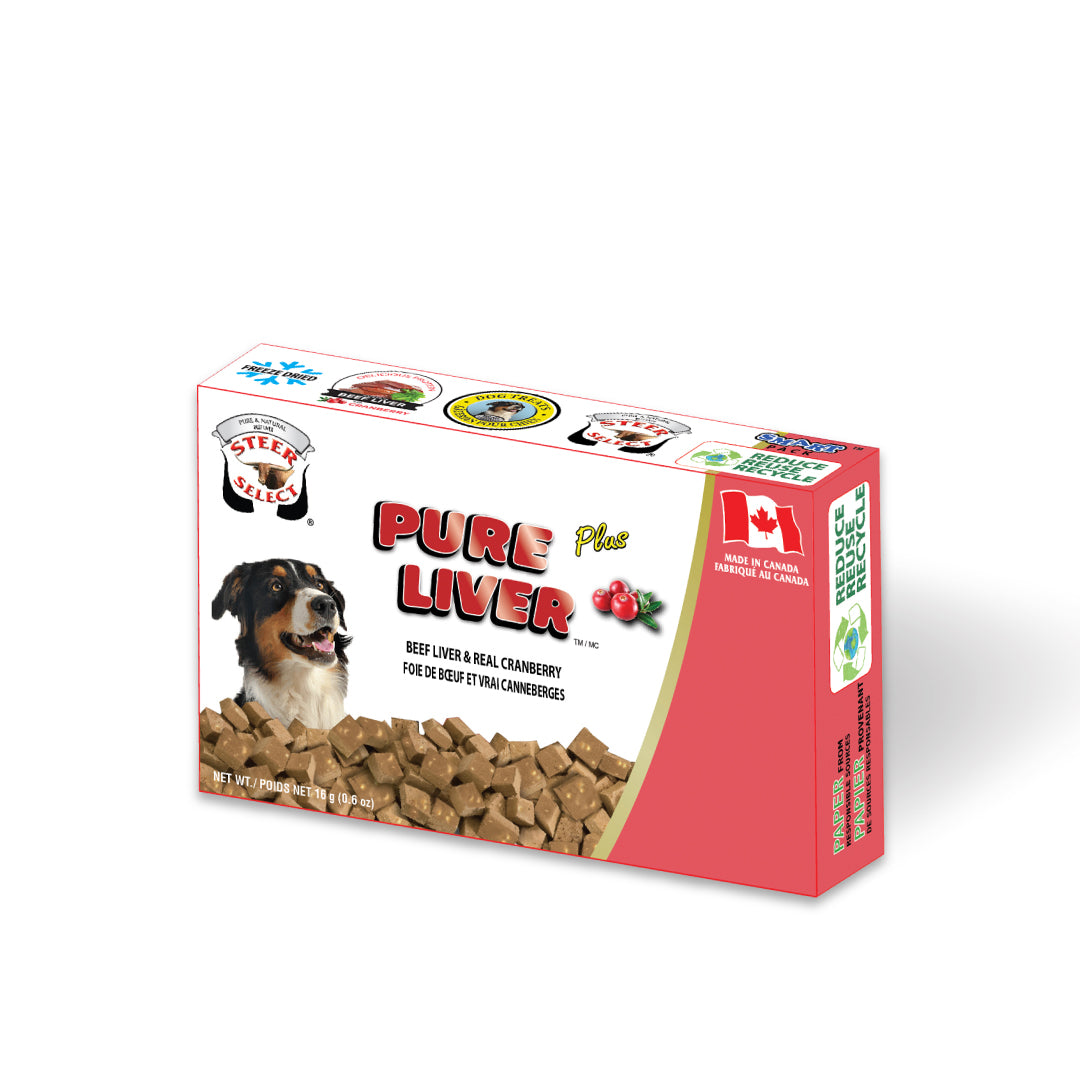 pink and white box of dog treats with images of real dog and cranberries